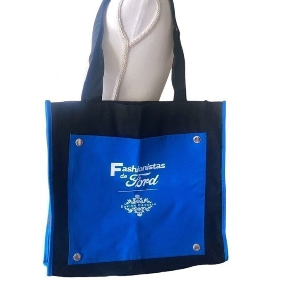 Edwing D’Angelo Blue Black Cotton Canvas Shoulder Tote Bag Designer Fabric Bag